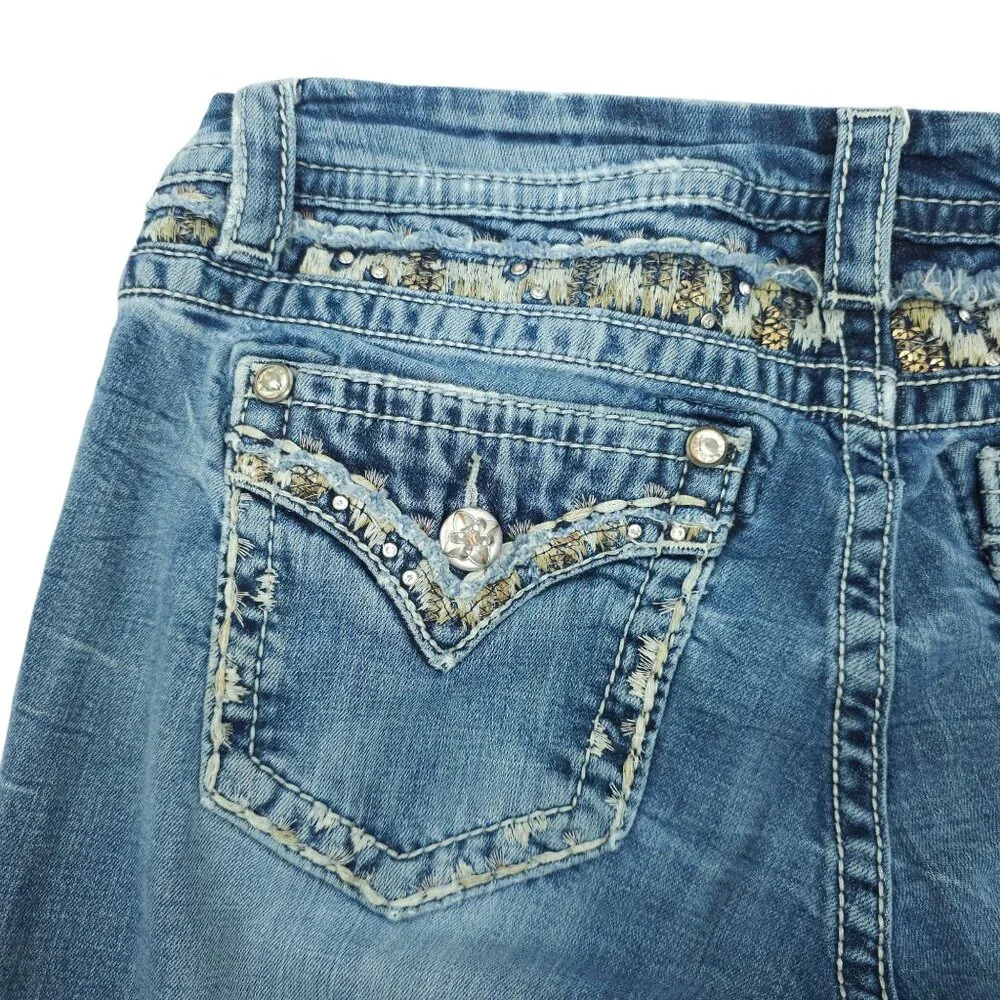 Miss Me Jeans Mid Rise Easy Boot Cut Faux Flap Size 30x29 READ Stretch Med Wash
